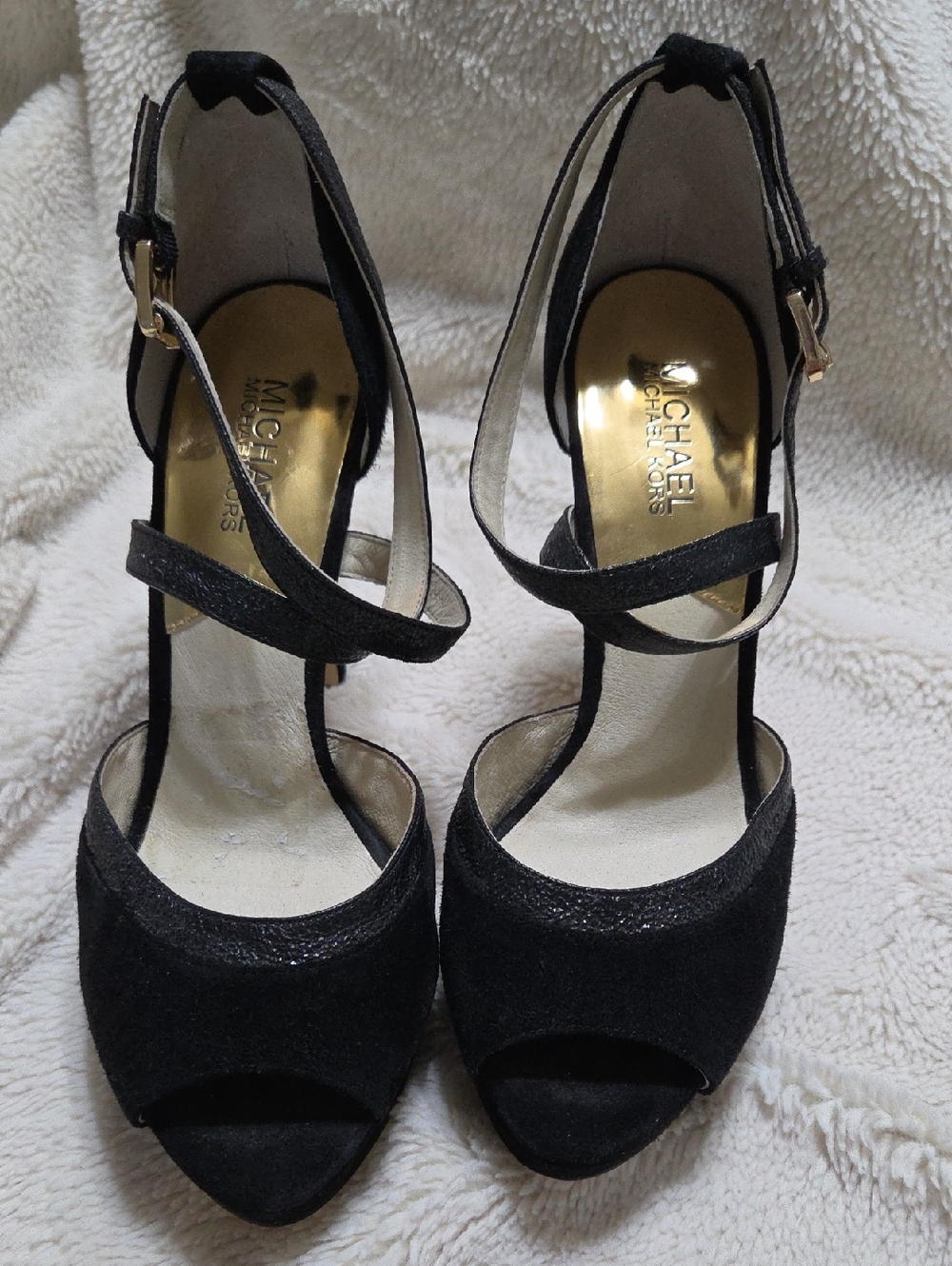 MICHAEL Michael Kors Black Suede Crisscross Ankle Strap Peep-Toe Heels 8M